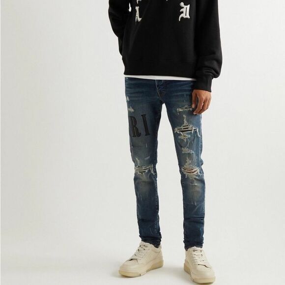 AMIRI Skinny-Fit Leather Appliquéd Distressed Jeans Blue/Black 32 NWT - Picture 2 of 16